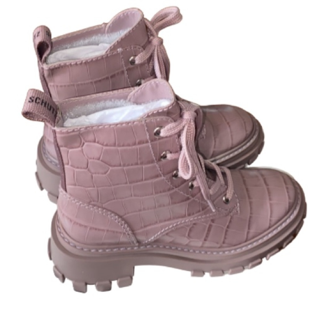 Schutz combat boots rose lilac purple croc embossed leather lace up 5.5